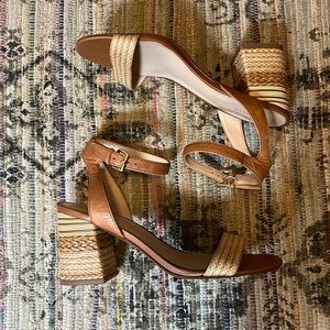 Leather and Raffia Woven Heeled Sandals Size 8.5